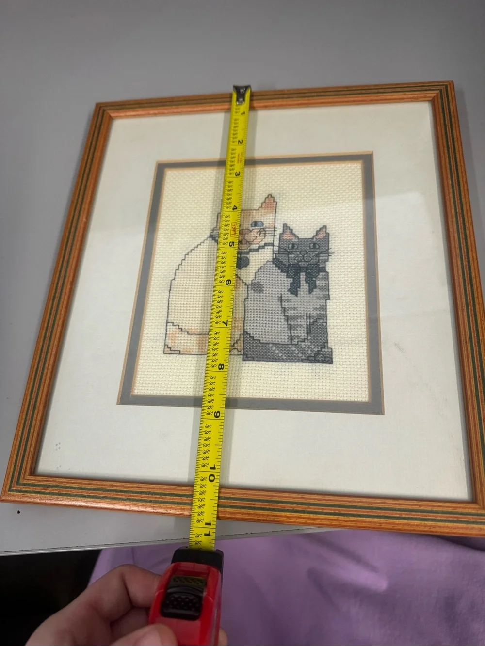 VTG Framed Cat Cross Stitch Needlepoint Folk Art Wall Decor